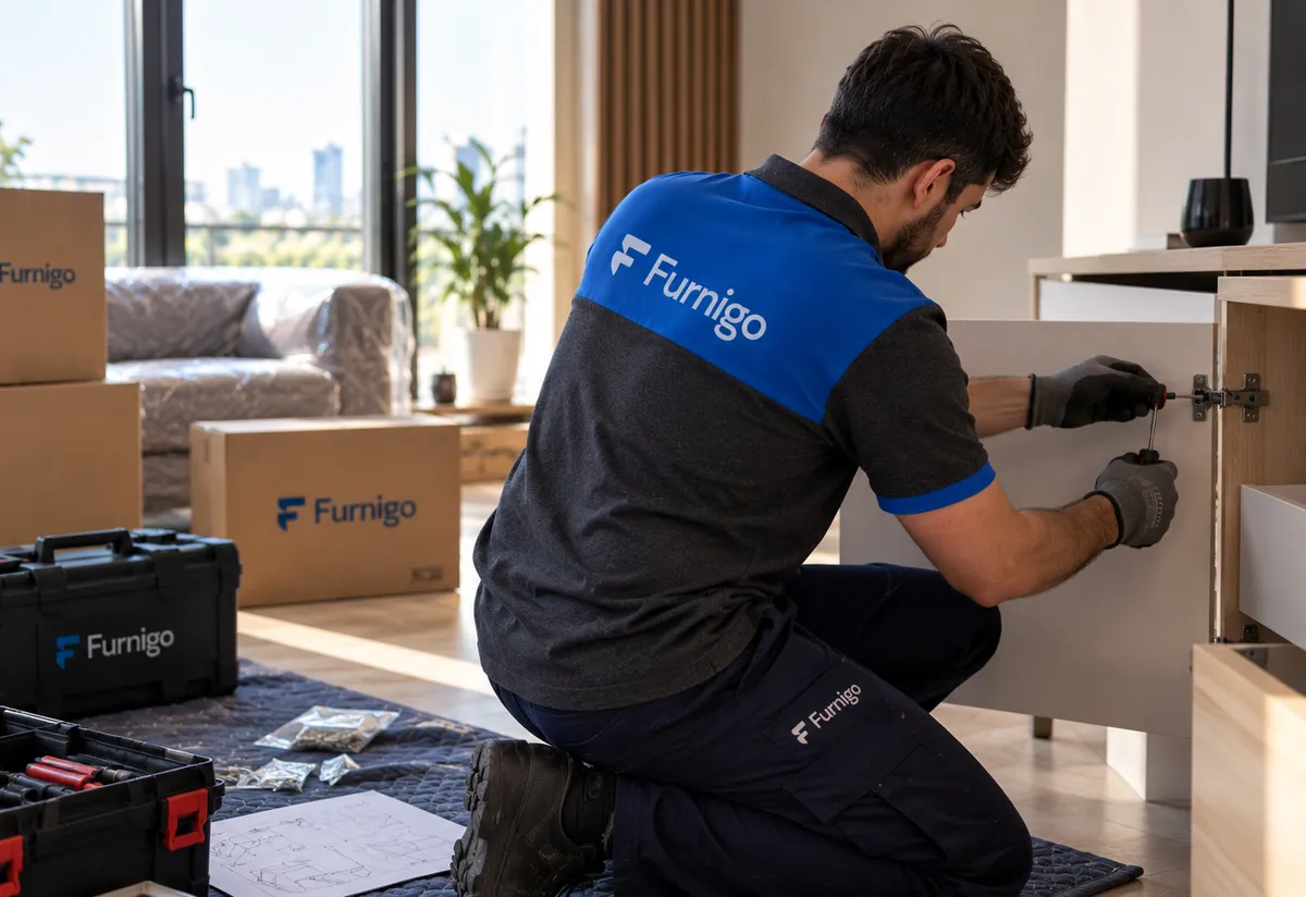 Furnigo servis ekibi dolap menteşesini ayarlayarak yeniden montaj yapıyor