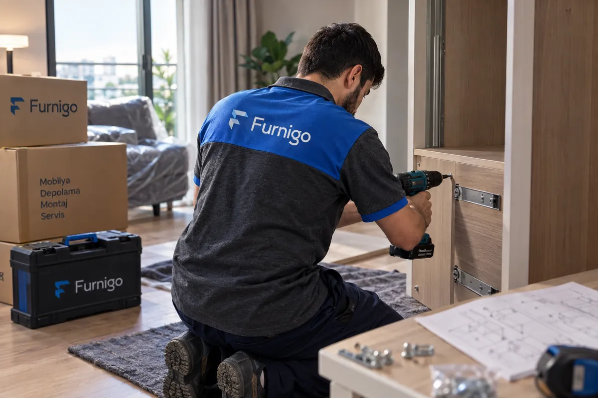Furnigo montaj ustası dolap rayını yerine sabitliyor