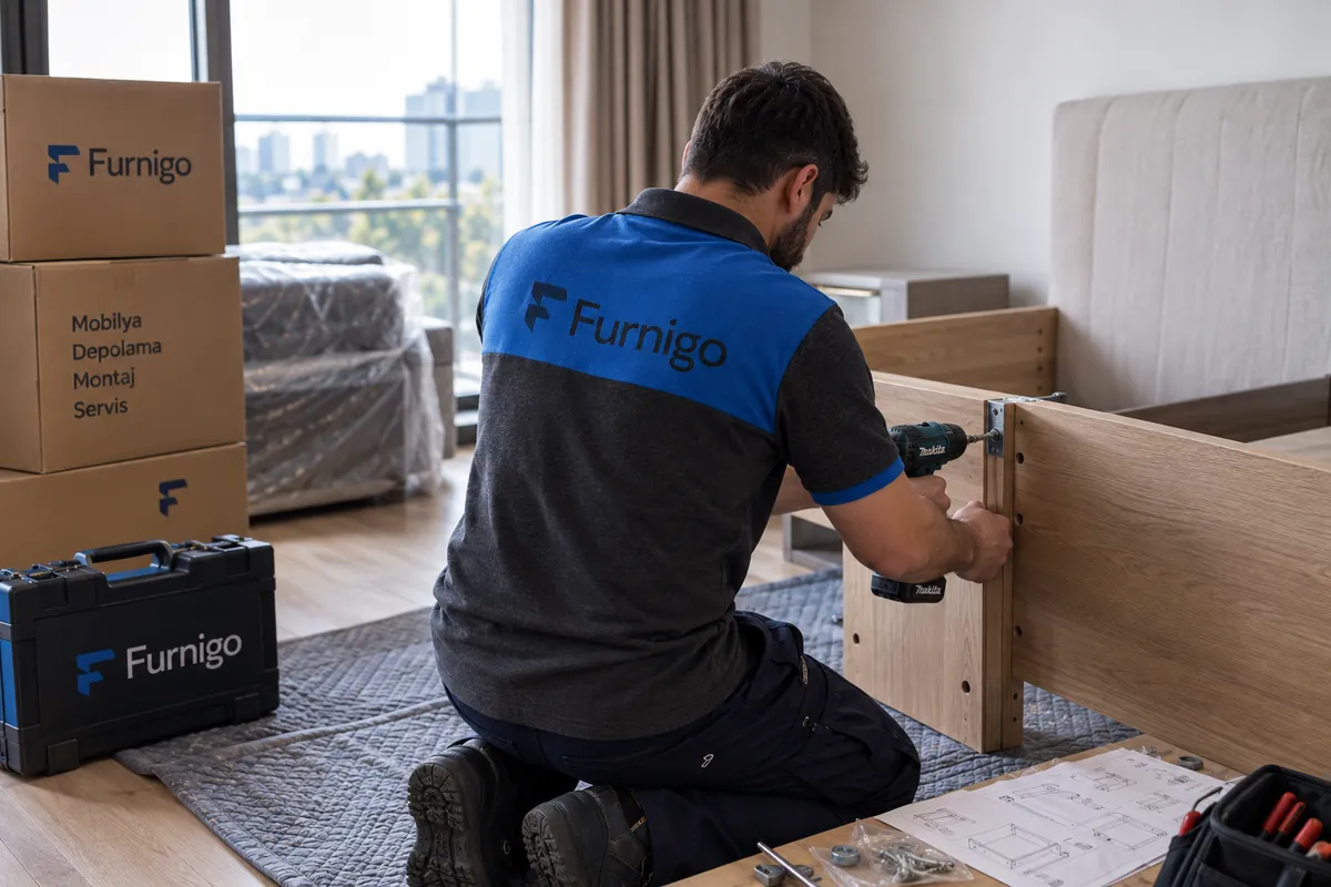Furnigo montaj ustası akülü vidalama ile karyola iskeletini kuruyor