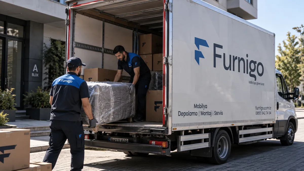 Furnigo ekibi ambalajlı mobilyayı markalı dağıtım aracına yüklüyor