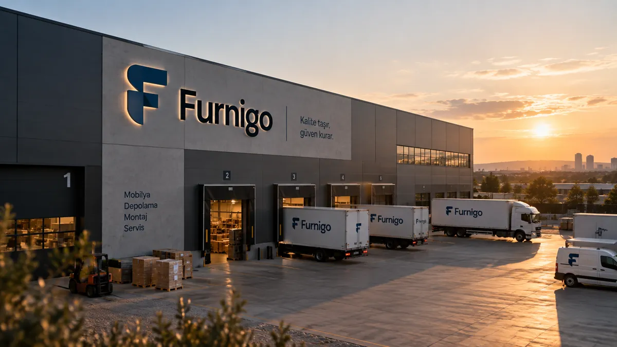 Furnigo merkez deposu, yükleme rampaları ve markalı dağıtım araçları