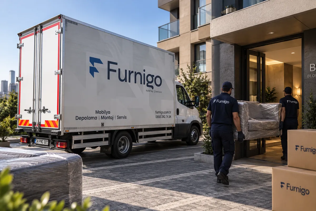 Furnigo teslimat aracı apartman önünde, ekip ambalajlı mobilyayı içeri taşıyor